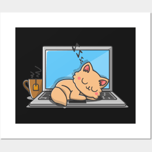 Cat sleeping on Laptop Cat design gifts for women design Posters and Art